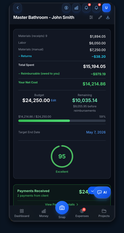 Job Cost Pro job screen: costs recorded so far, the budget left and the job's health score